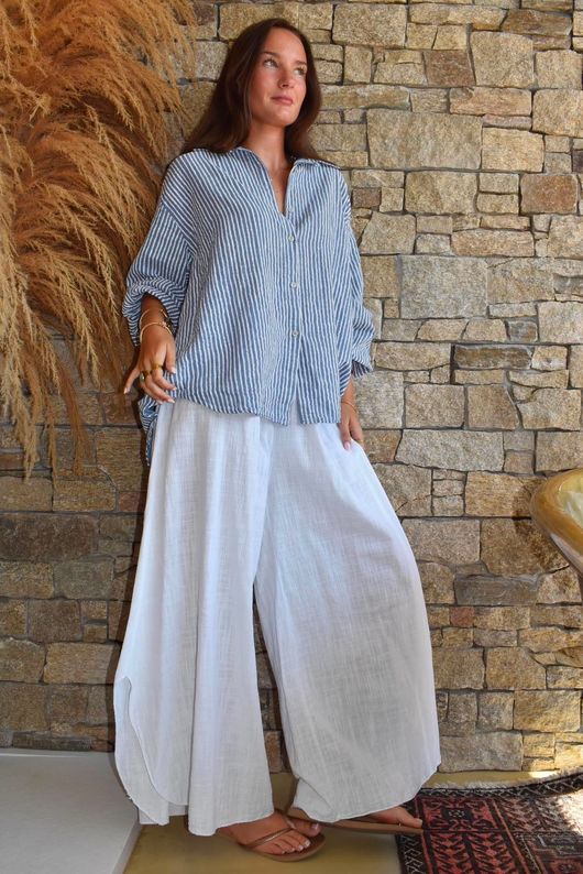 Sundaze Cheesecloth Chalk Stripe Boyfriend Shirt Denim
